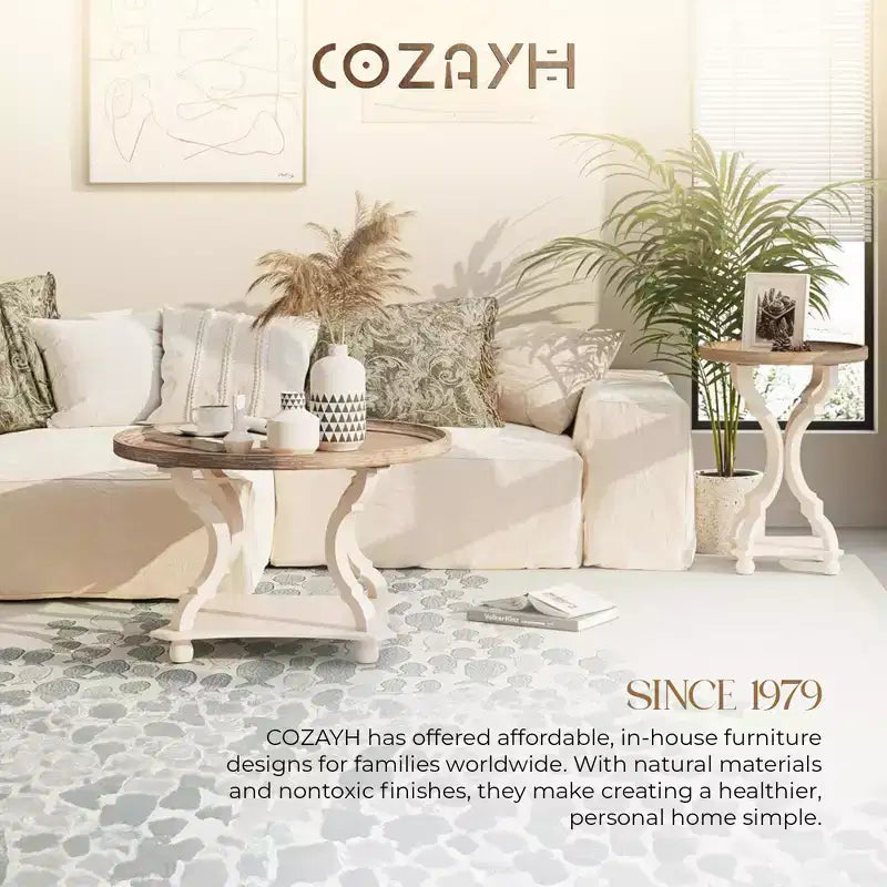 COZAYH Round Rustic Coffee Table Wood Tray Top Accent Centerpiece Storage, White