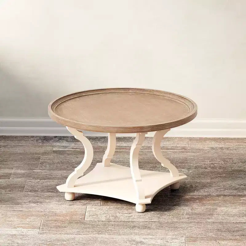 COZAYH Round Rustic Coffee Table Wood Tray Top Accent Centerpiece Storage, White