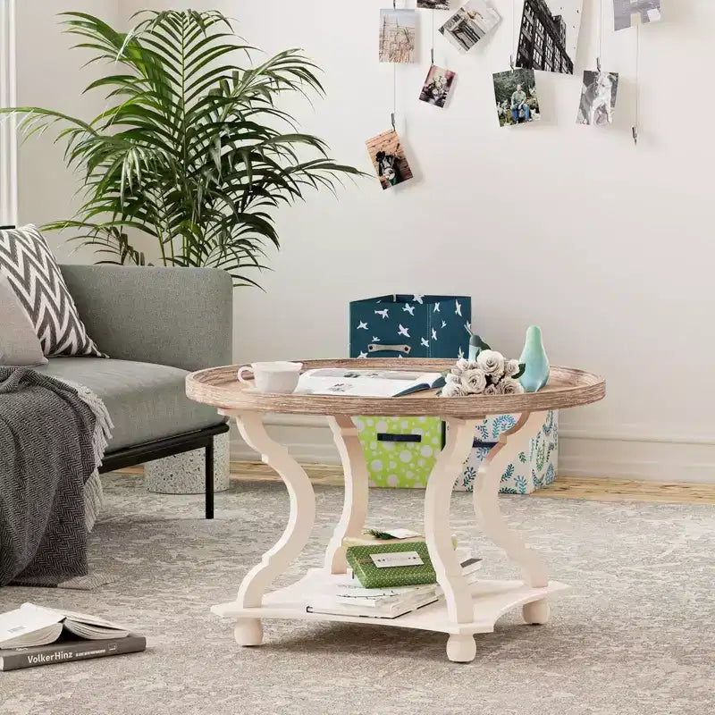 COZAYH Round Rustic Coffee Table Wood Tray Top Accent Centerpiece Storage, White