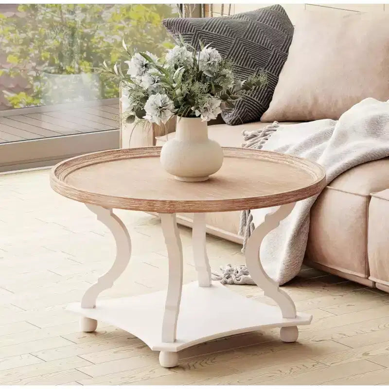 COZAYH Round Rustic Coffee Table Wood Tray Top Accent Centerpiece Storage, White