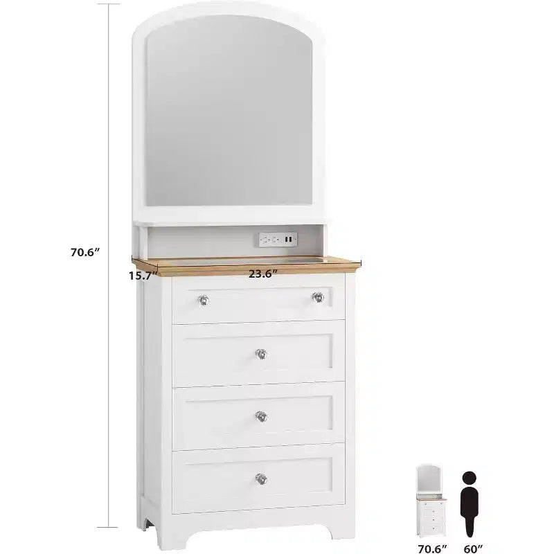 Cassettiera DobleePy a 4 cassetti con specchio, striscia LED e stazione di ricarica, moderno mobile da trucco per camera da letto, ingresso, piccoli spazi