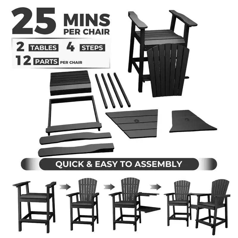 Garvee Outdoor Sgabelli da Bar Adirondack in Poliestere Riciclato Set da 2 Sgabelli Alti Resistenti alle Intemperie, Neri