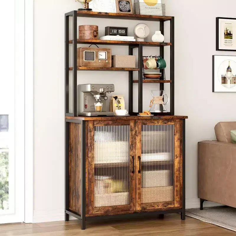 Bakers Rack with Cabinet 5 Tier Microwave Stand 63.78 Standing Bakers Rack with Door Tall Coffee Bar Large Baker Rack Coffee Bar Station Kitchen