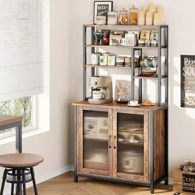 Bakers Rack with Cabinet 5 Tier Microwave Stand 63.78 Standing Bakers Rack with Door Tall Coffee Bar Large Baker Rack Coffee Bar Station Kitchen