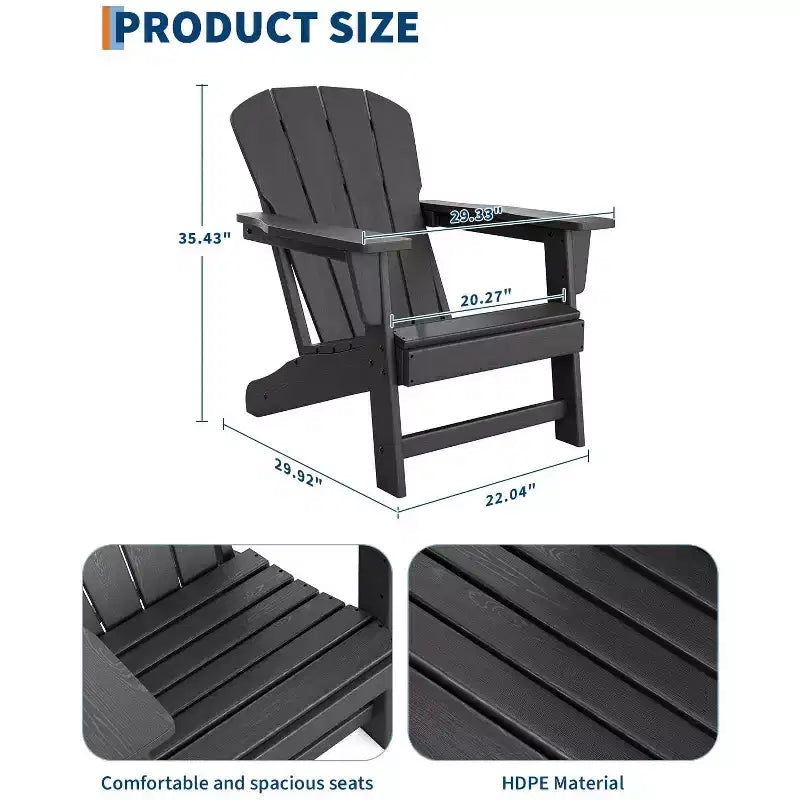 Outdoor Adirondack Chairs, HDPE Plastic Patio Chairs for All Weather, Weather-Resistant Fire Pit Chair with Wide Armrests & Slatted Back