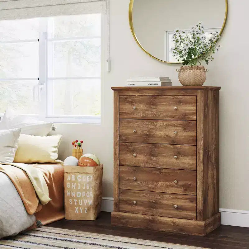HOMCOM Farmhouse Dresser for Bedroom with 5 Drawers, 31 Wide Chest of Drawers