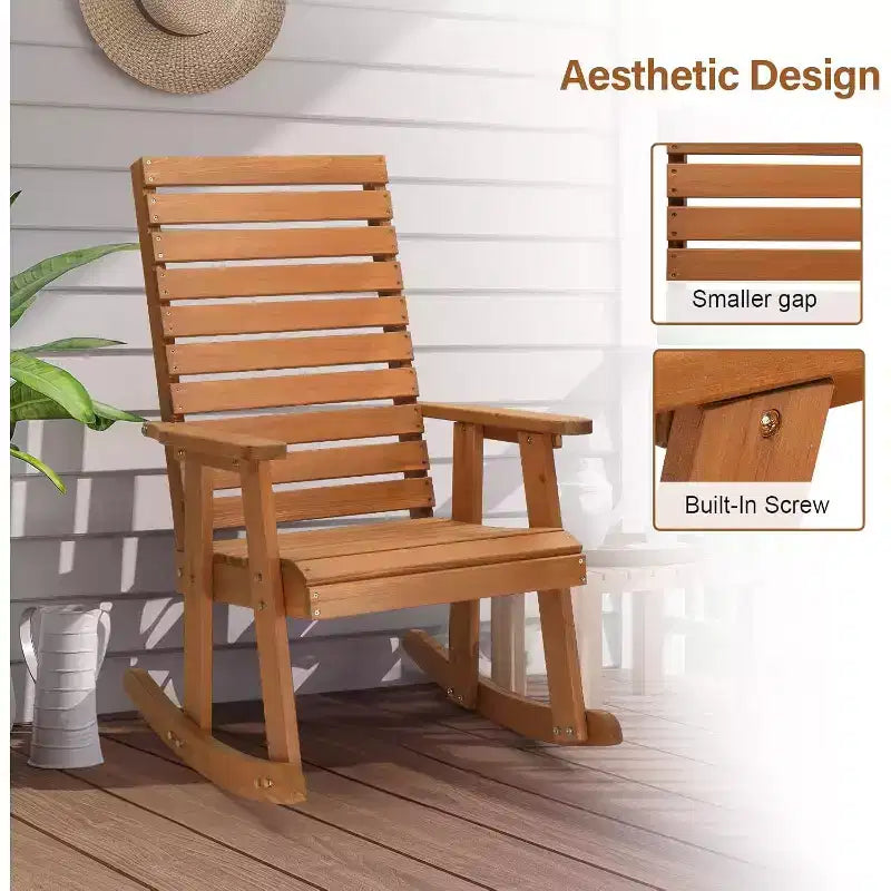 VINGLI Wooden Rocking Chair with High Backrest, Solid Fir Wood, Heavy Duty 600 LBS Patio Rockers for Indoor and Outdoor