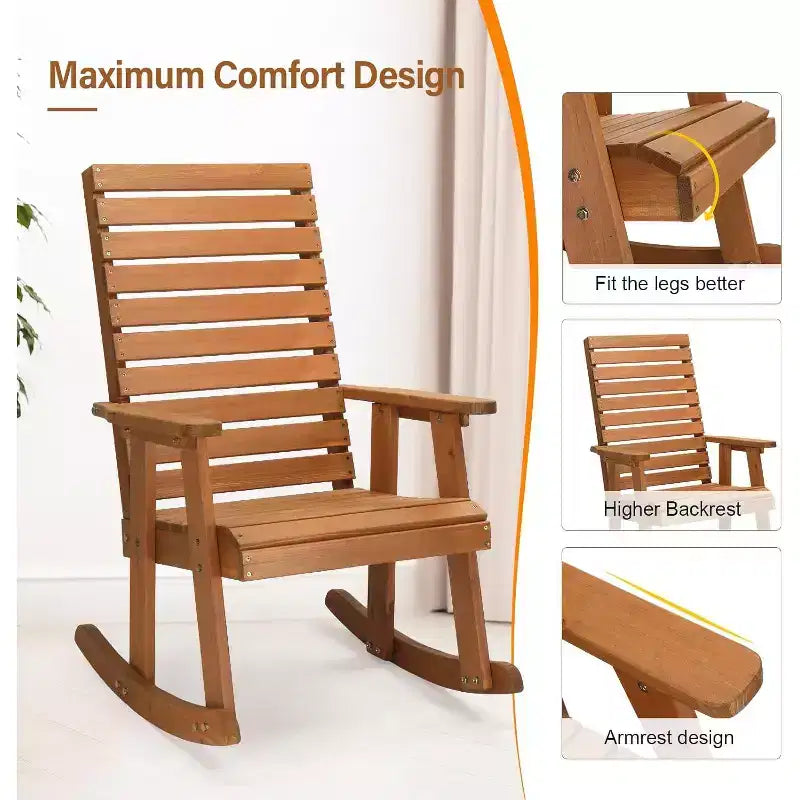 VINGLI Wooden Rocking Chair with High Backrest, Solid Fir Wood, Heavy Duty 600 LBS Patio Rockers for Indoor and Outdoor