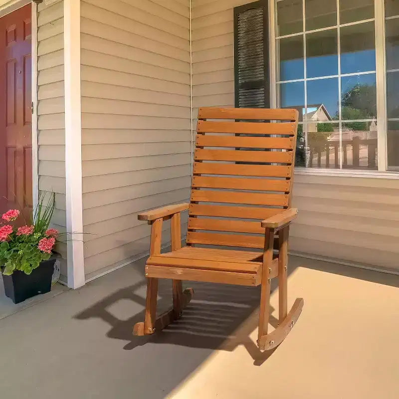 VINGLI Wooden Rocking Chair with High Backrest, Solid Fir Wood, Heavy Duty 600 LBS Patio Rockers for Indoor and Outdoor