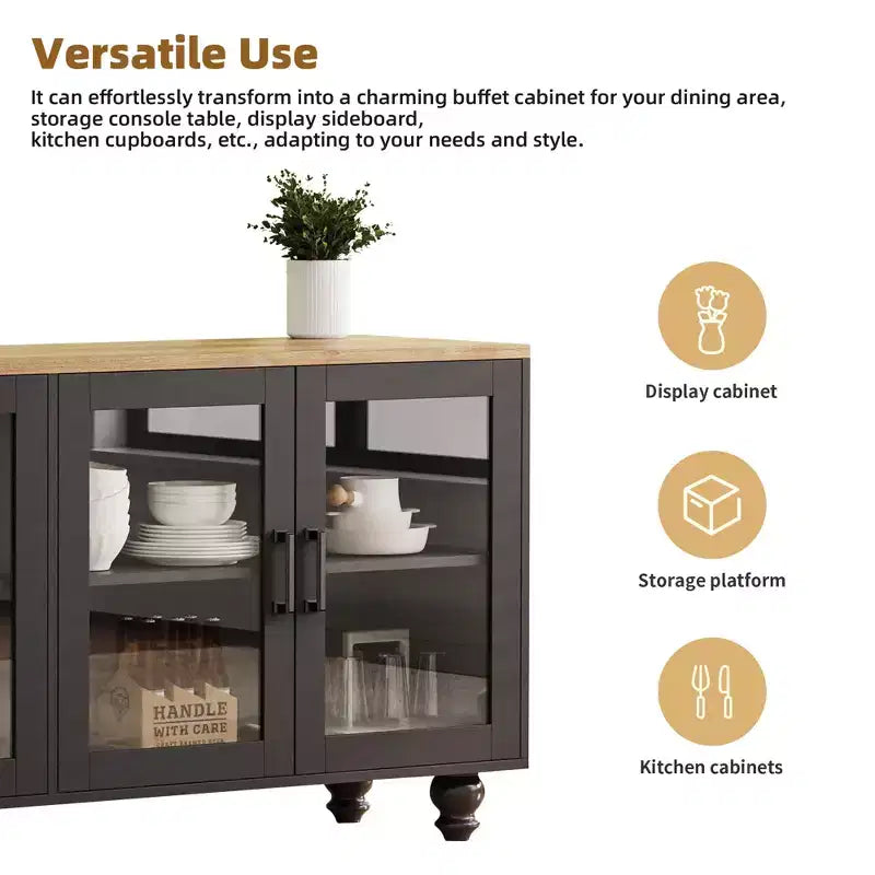 CLIHOME Farmhouse TV Stand for TVs Up to 70, Entertainment Center with Bookshelves & Tempered Glass Doors