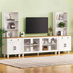CLIHOME Farmhouse TV Stand for TVs Up to 70, Entertainment Center with Bookshelves & Tempered Glass Doors