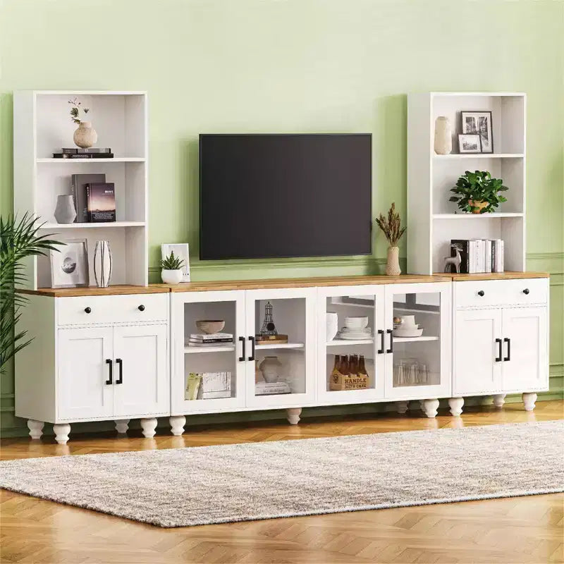 CLIHOME Farmhouse TV Stand for TVs Up to 70, Entertainment Center with Bookshelves & Tempered Glass Doors