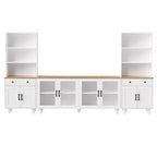 CLIHOME Farmhouse TV Stand for TVs Up to 70, Entertainment Center with Bookshelves & Tempered Glass Doors