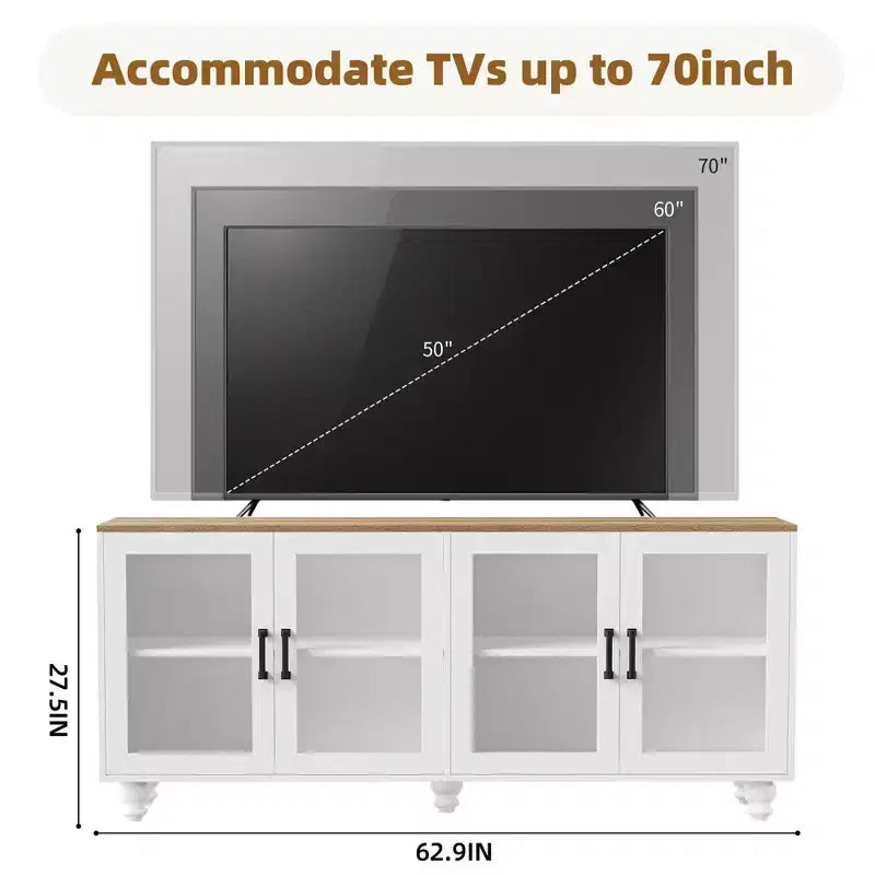 CLIHOME Farmhouse TV Stand for TVs Up to 70, Entertainment Center with Bookshelves & Tempered Glass Doors
