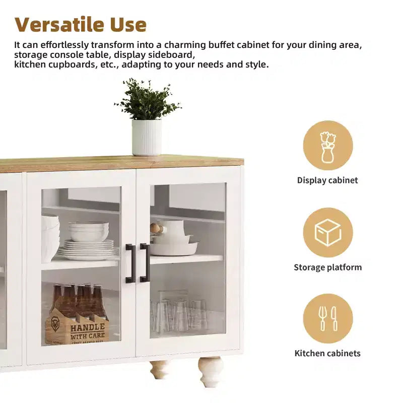 CLIHOME Farmhouse TV Stand for TVs Up to 70, Entertainment Center with Bookshelves & Tempered Glass Doors