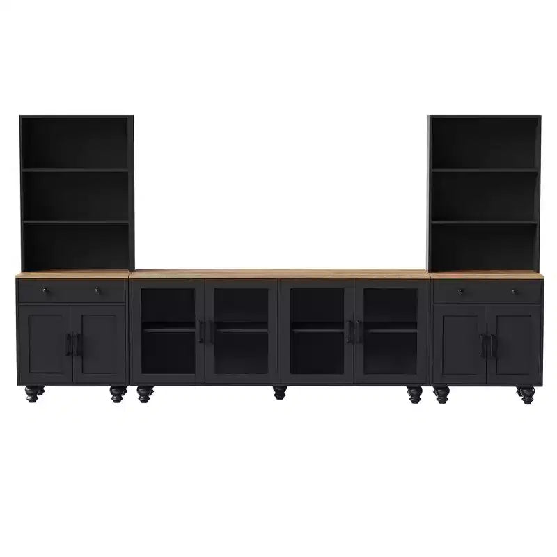 CLIHOME Farmhouse TV Stand for TVs Up to 70, Entertainment Center with Bookshelves & Tempered Glass Doors