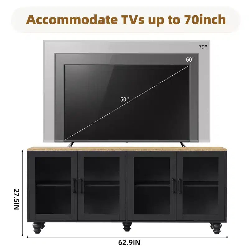 CLIHOME Farmhouse TV Stand for TVs Up to 70, Entertainment Center with Bookshelves & Tempered Glass Doors