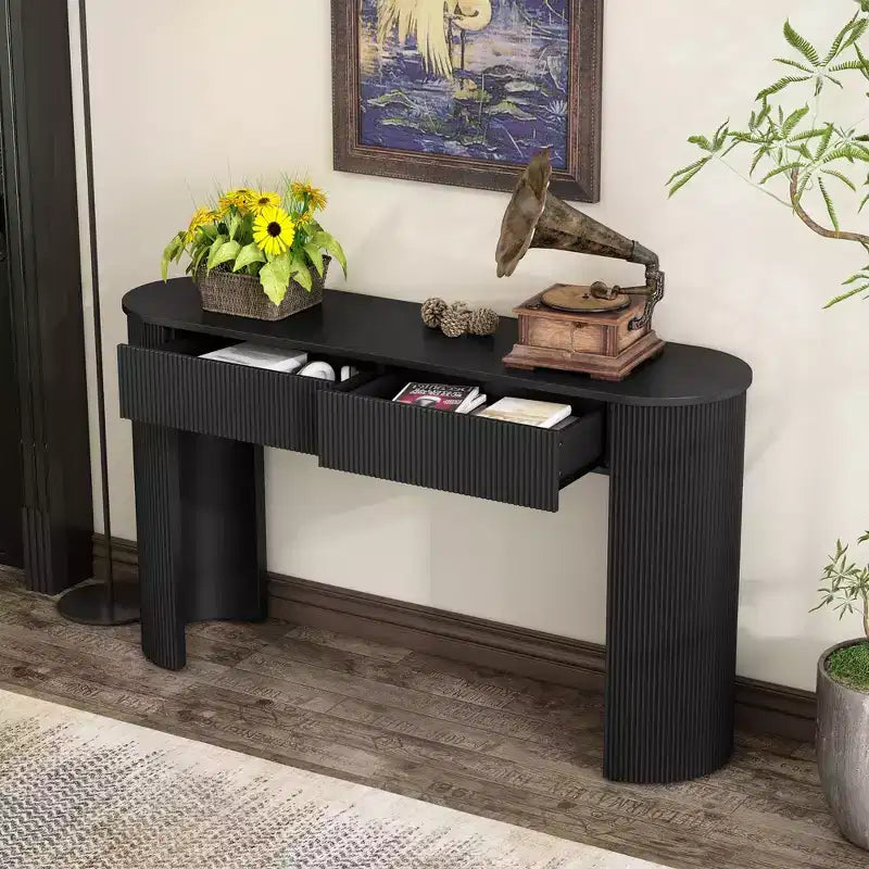 Tavolo d'ingresso con design scanalato Tavolo consolle moderno con contenitore piano ovale e 2 cassetti per ingresso e soggiorno Nero