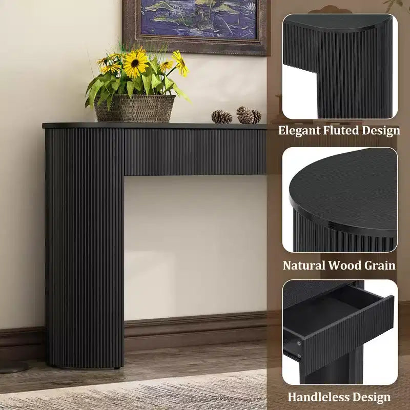 Tavolo d'ingresso con design scanalato Tavolo consolle moderno con contenitore piano ovale e 2 cassetti per ingresso e soggiorno Nero