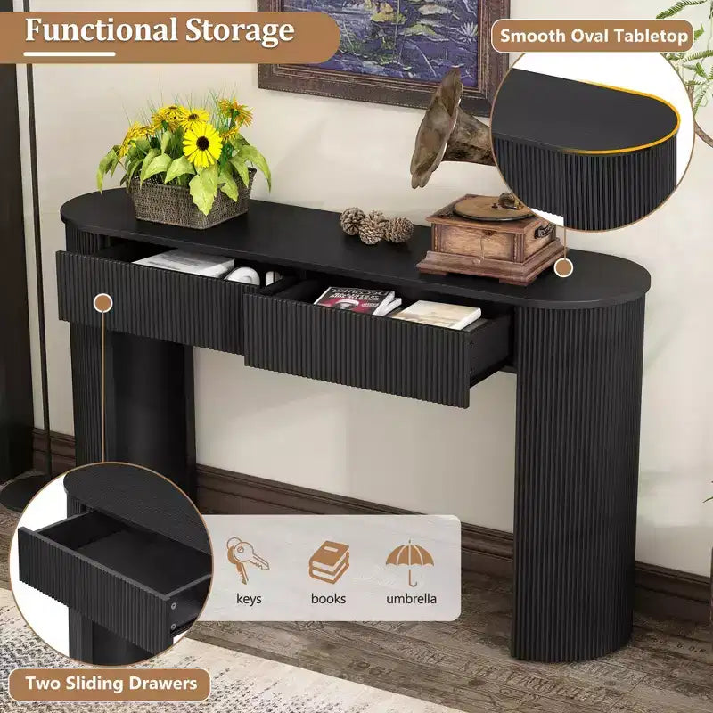 Tavolo d'ingresso con design scanalato Tavolo consolle moderno con contenitore piano ovale e 2 cassetti per ingresso e soggiorno Nero