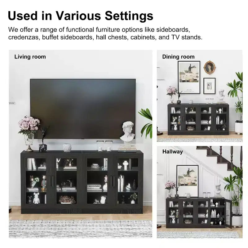 PexFix Credenza 31x62x16 con 4 Ante e Contenitore, Organizer Multiuso per Cucina Soggiorno Nero