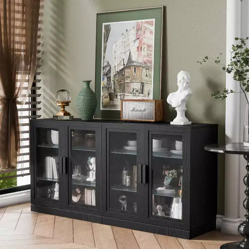 PexFix Credenza 31x62x16 con 4 Ante e Contenitore, Organizer Multiuso per Cucina Soggiorno Nero