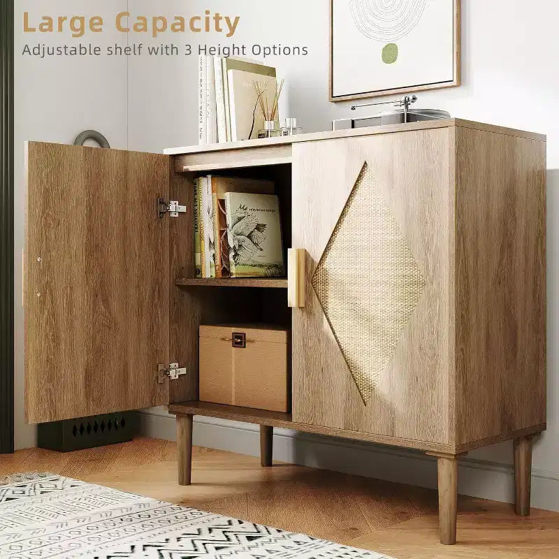 Acekool Two-Piece Dining Sideboard with Handcrafted Rattan Doors, Adjustable Shelves & Large Storage for Living Room, Dining Room & Kitchen