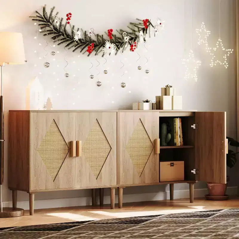 Acekool Two-Piece Dining Sideboard with Handcrafted Rattan Doors, Adjustable Shelves & Large Storage for Living Room, Dining Room & Kitchen