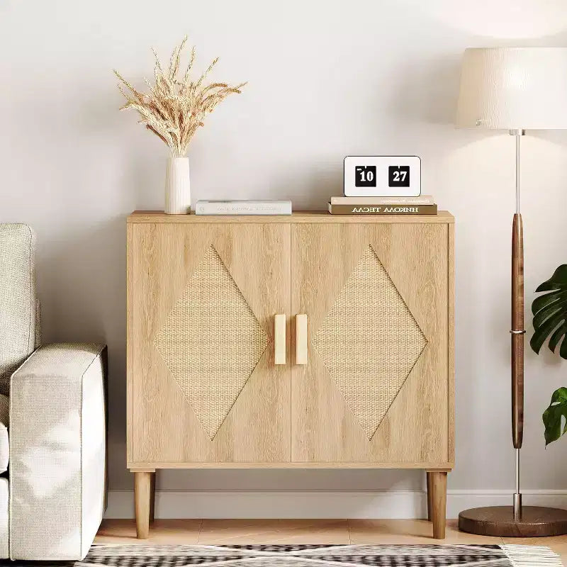 Acekool Two-Piece Dining Sideboard with Handcrafted Rattan Doors, Adjustable Shelves & Large Storage for Living Room, Dining Room & Kitchen