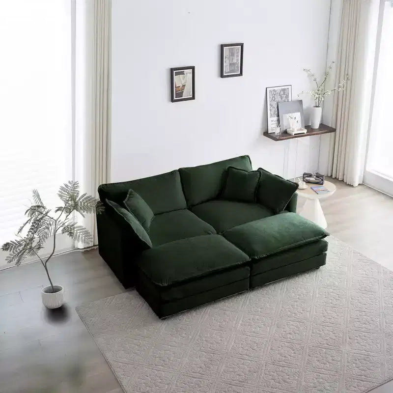 Divano Imbottito 4 Pezzi 1 Divano a 2 Posti e 2 Pouf 2 Posti Loveseat Lounge con Pouf in ciniglia Beige