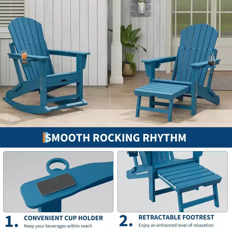 Rocking Adirondack Chairs, Folding Adirondack Rocking Chair With Footrest, Adirondack RockingChair Outdoor With Retractable Ottoman and Cup Holder