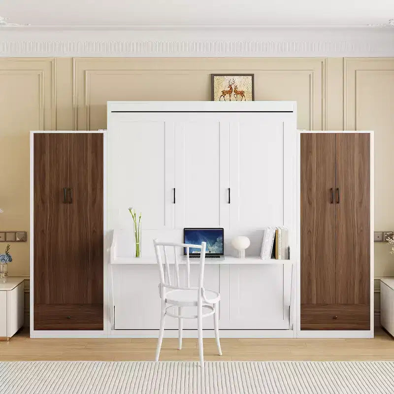 ModernLuxe Full/Queen Size Murphy Bed with Closet, Drawers & Table - Wall Bed for Small Spaces, White