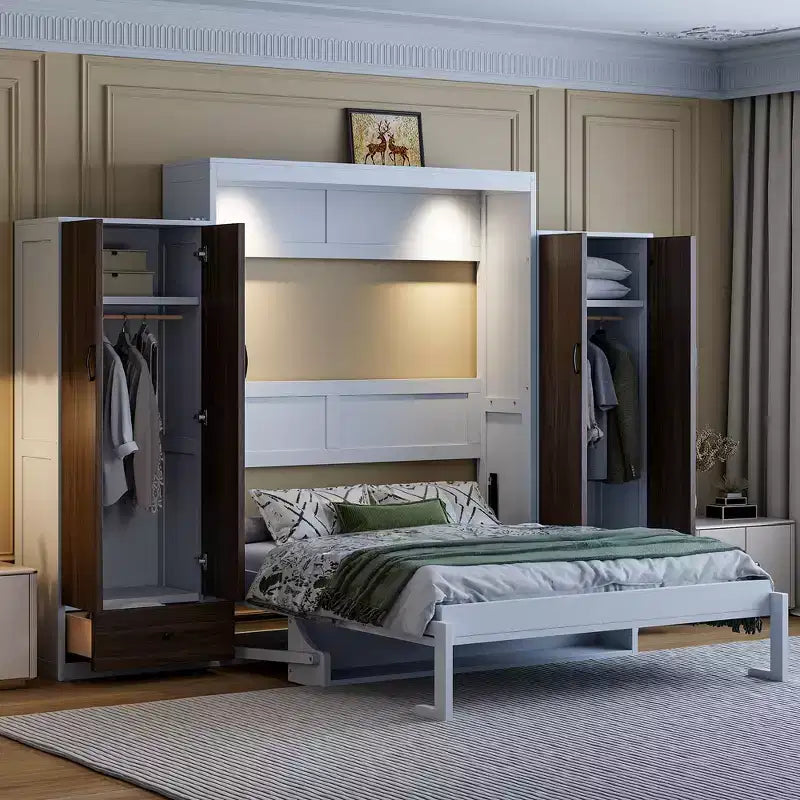 ModernLuxe Full/Queen Size Murphy Bed with Closet, Drawers & Table - Wall Bed for Small Spaces, White