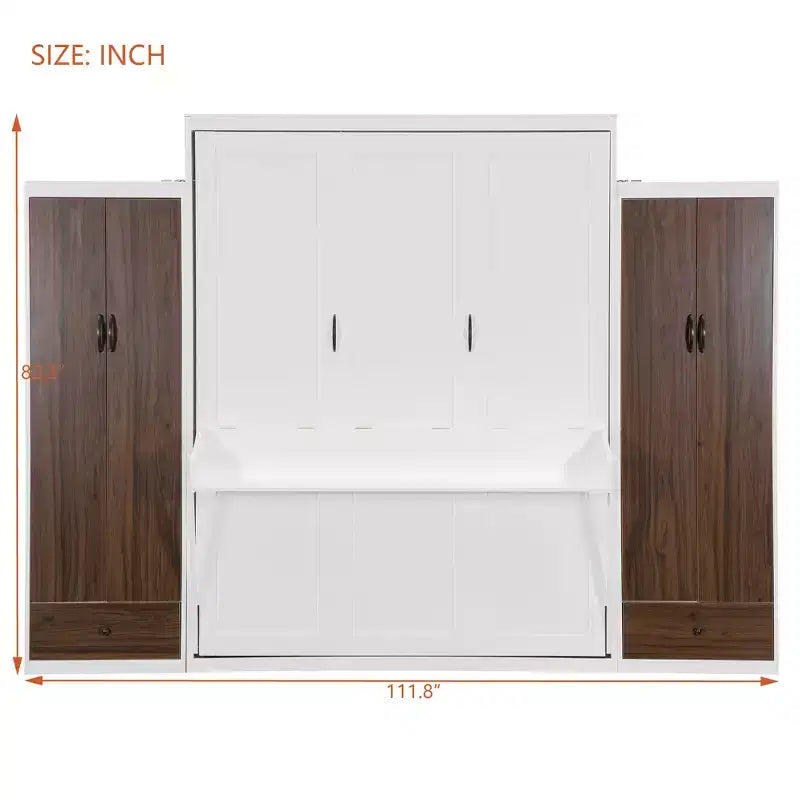 ModernLuxe Full/Queen Size Murphy Bed with Closet, Drawers & Table - Wall Bed for Small Spaces, White