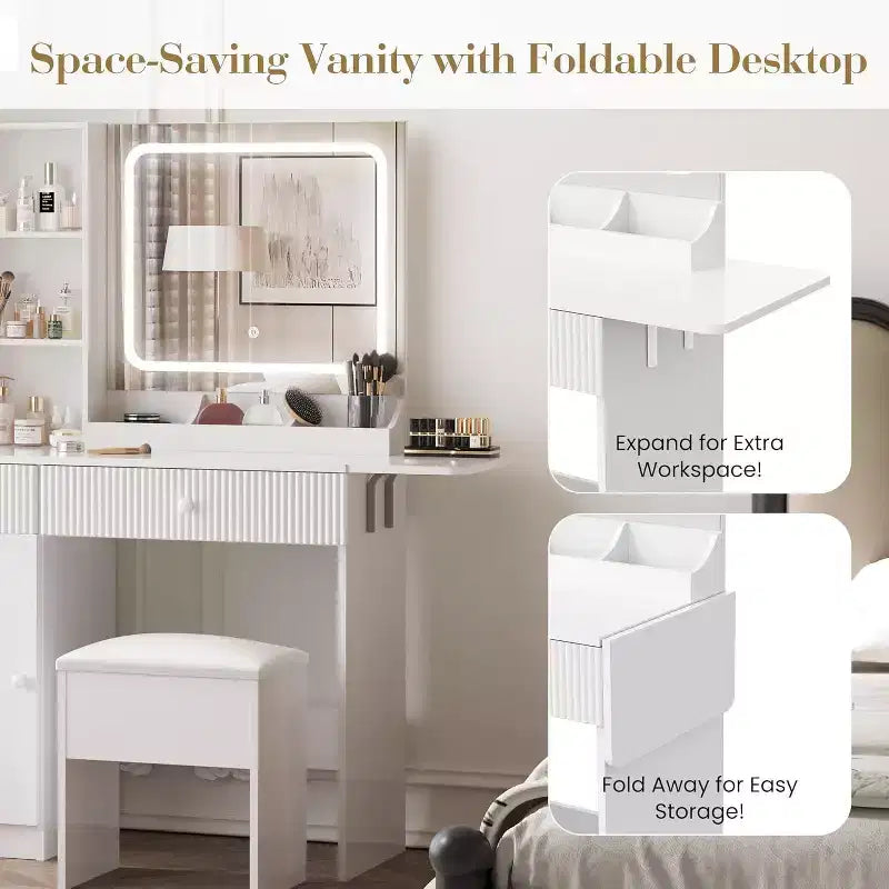 Vanity Desk with Mirror and Lights, Power Outlets Makeup Table with Drawers & Cabinet, Storage Stool, Dressing Table for Bedroom