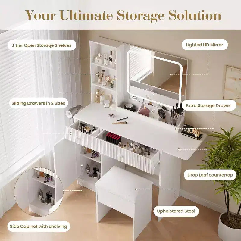 Vanity Desk with Mirror and Lights, Power Outlets Makeup Table with Drawers & Cabinet, Storage Stool, Dressing Table for Bedroom
