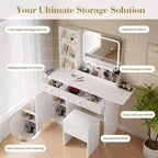 Vanity Desk with Mirror and Lights, Power Outlets Makeup Table with Drawers & Cabinet, Storage Stool, Dressing Table for Bedroom