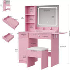 Vanity Desk with Mirror and Lights, Power Outlets Makeup Table with Drawers & Cabinet, Storage Stool, Dressing Table for Bedroom
