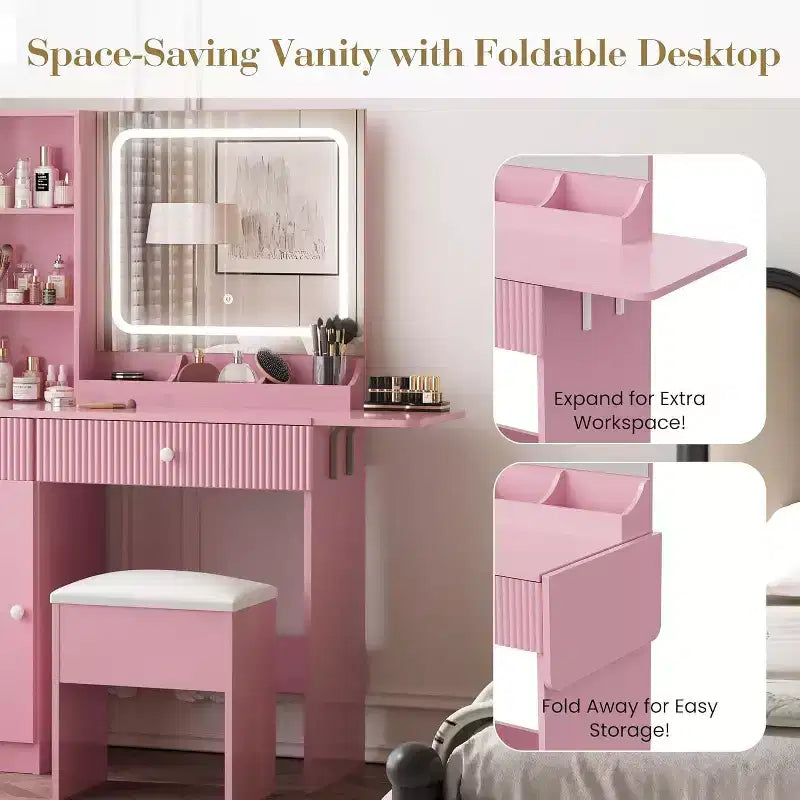 Vanity Desk with Mirror and Lights, Power Outlets Makeup Table with Drawers & Cabinet, Storage Stool, Dressing Table for Bedroom