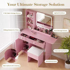 Vanity Desk with Mirror and Lights, Power Outlets Makeup Table with Drawers & Cabinet, Storage Stool, Dressing Table for Bedroom