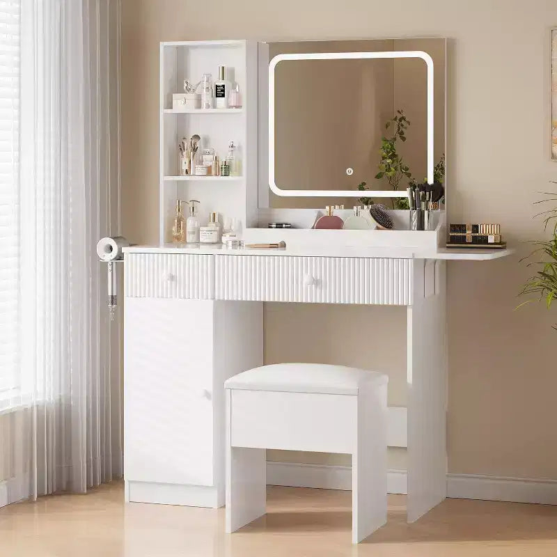 Tocador con specchio e luci, tavolino da trucco con prese di corrente con cassetti e mobiletto, sgabello contenitore, toletta per camera da letto