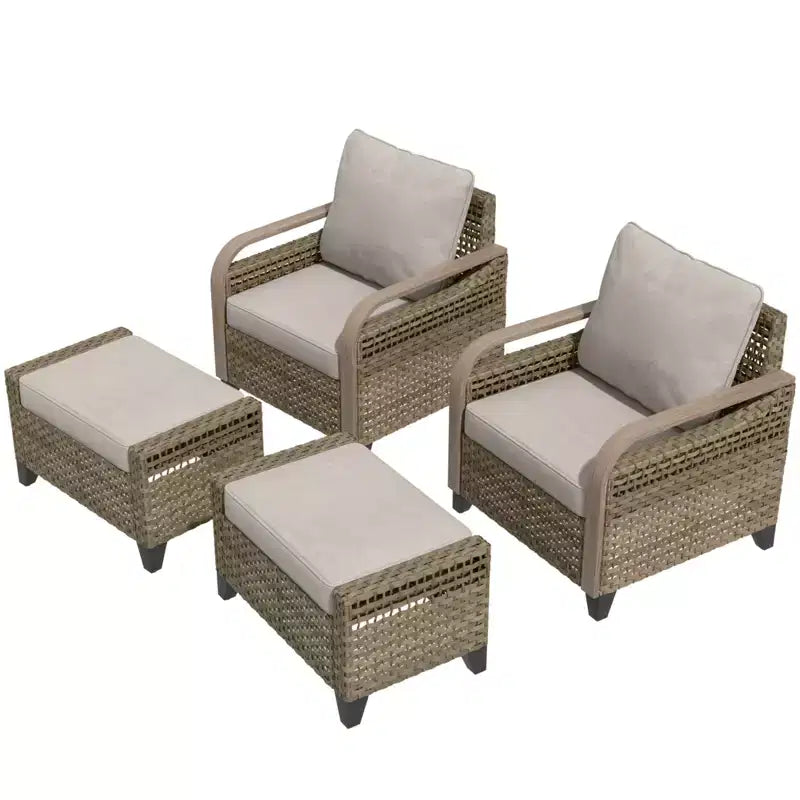 EAGLE PEAK Wicker Outdoor Chair, Patio Chair Curved Armrest, 2 Chairs 2 Ottomans, 4 Pieces