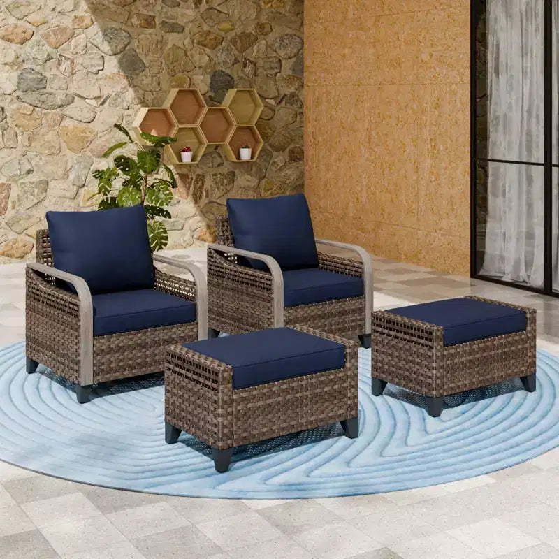EAGLE PEAK Wicker Outdoor Chair, Patio Chair Curved Armrest, 2 Chairs 2 Ottomans, 4 Pieces