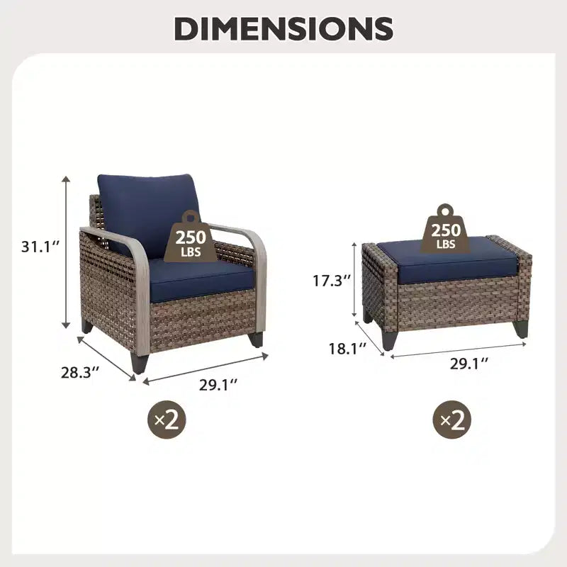 EAGLE PEAK Wicker Outdoor Chair, Patio Chair Curved Armrest, 2 Chairs 2 Ottomans, 4 Pieces