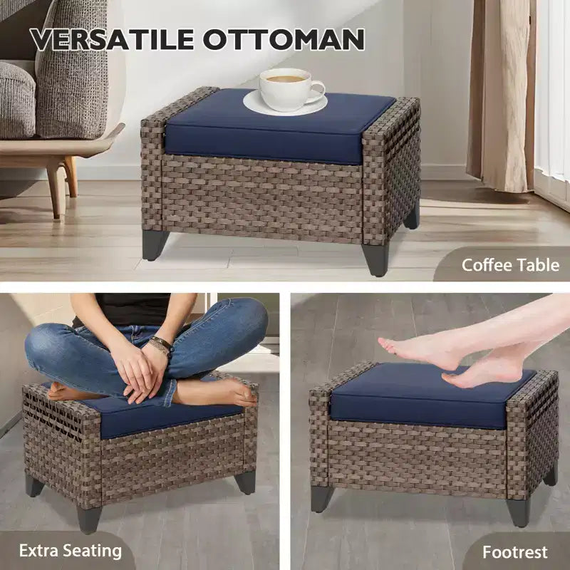EAGLE PEAK Wicker Outdoor Chair, Patio Chair Curved Armrest, 2 Chairs 2 Ottomans, 4 Pieces