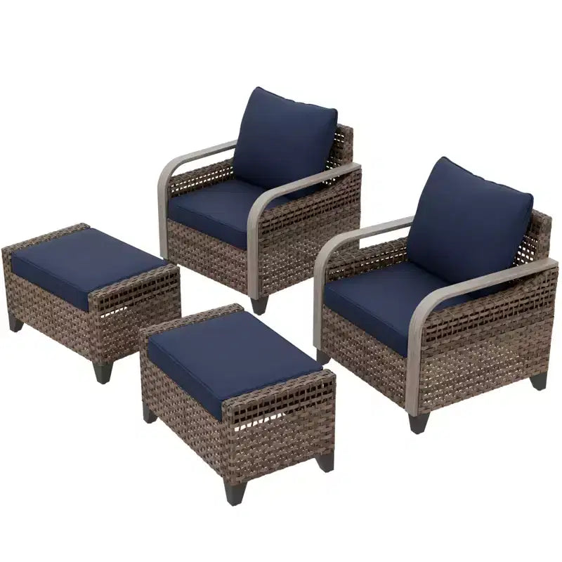 EAGLE PEAK Wicker Outdoor Chair, Patio Chair Curved Armrest, 2 Chairs 2 Ottomans, 4 Pieces