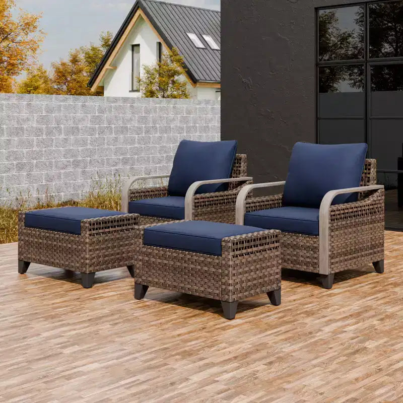 EAGLE PEAK Wicker Outdoor Chair, Patio Chair Curved Armrest, 2 Chairs 2 Ottomans, 4 Pieces