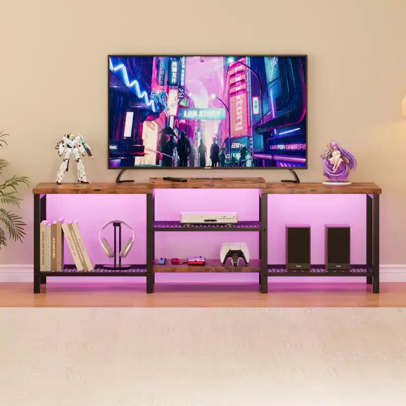 GustoWave Mobile TV Grande per TV Fino a 75 Pollici, Centro di Intrattenimento con Presa Elettrica e Ripiani Aperti a 3 Livelli