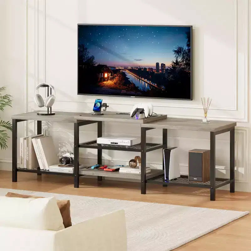 GustoWave Mobile TV Grande per TV Fino a 75 Pollici, Centro di Intrattenimento con Presa Elettrica e Ripiani Aperti a 3 Livelli