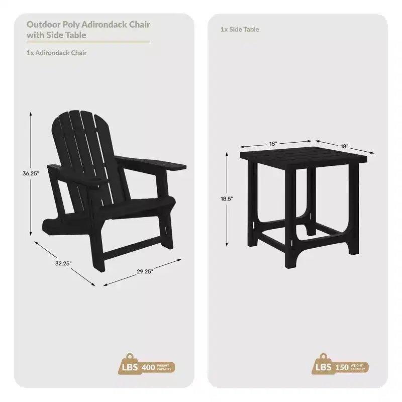 Set WestinTrends Azura 2 Pezzi Sedia da Giardino Adirondack in Plastica HDPE con Tavolino Laterale da 18, Nero